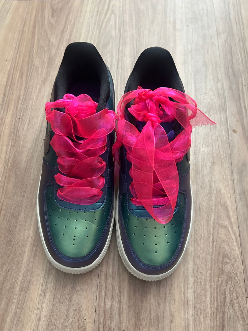 Women's Nike Air Force 1’s Iridescent Green Sneakers with Hot Pink Ribbon Laces